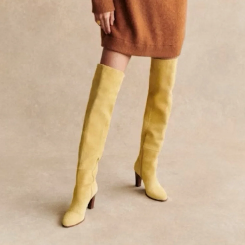Sezane Anaelle Thigh High Suede Leather Over The Knee Pointy Boots Lemon Yellow